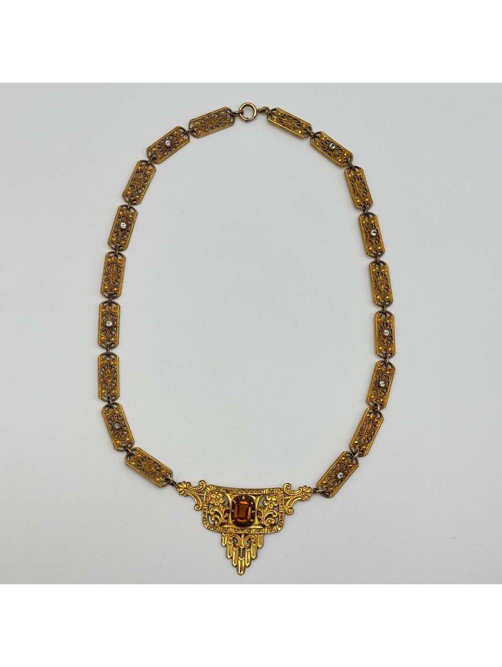 Birks Art Deco Filigree Statement Necklace Amber Crystal - Picture 5 of 7